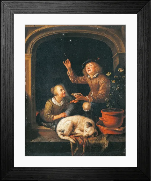 Framed Print : Two Boys Blowing Soap Bubbles, by Anonymous after Dou Gerrit, 17th Century, oil on panel, 25 x 19 cm - Italy, Lombardy, Milan, Castello Sforzesco