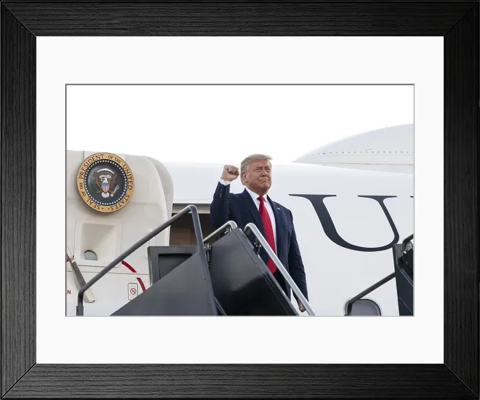 Framed Print : President Donald Trump gives a clenched fist salute from Air Force One Framed Print : President Donald Trump gives a clenched fist salute from Air Force One