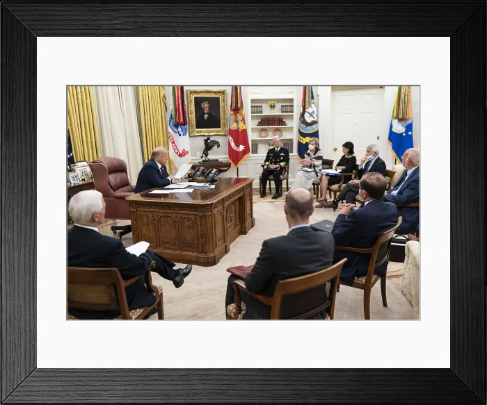 Framed Print : President Donald Trump meets with members of the White House Coronavirus Task Force, during a resurgence of the COVID-19 pandemic. Among the attendees are VP Mike Pence, Dr Framed Print : President Donald Trump meets with members of the White House Coronavirus Task Force, during a resurgence of the COVID-19 pandemic. Among the attendees are VP Mike Pence, Dr