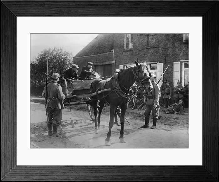 Framed Print : World War 1. Belgian peasants in a horse-drawn cart, showing a pass to soldiers during the World War I German occupation of Belgium. 1914-15 Framed Print : World War 1. Belgian peasants in a horse-drawn cart, showing a pass to soldiers during the World War I German occupation of Belgium. 1914-15