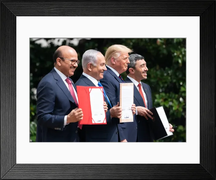Framed Print : President Donald Trump stands with Middle East leaders displaying signed copies of the Abraham Accords, which formalize normal relations with Israel. L-R: Dr Framed Print : President Donald Trump stands with Middle East leaders displaying signed copies of the Abraham Accords, which formalize normal relations with Israel. L-R: Dr