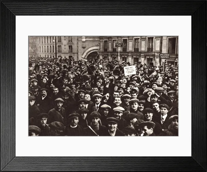 Framed Print : World War 1. Paris on the day Germany declares war on France. Young men, some only 17, gathered at the Montparnasse Station in Paris. August 3, 1914