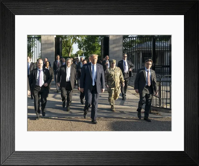 Framed Print : President Donald Trump leads US political and military leaders on a march from the White House, through Lafayette Park, to St. Johns Episcopal Church, June 1, 2020 Framed Print : President Donald Trump leads US political and military leaders on a march from the White House, through Lafayette Park, to St. Johns Episcopal Church, June 1, 2020