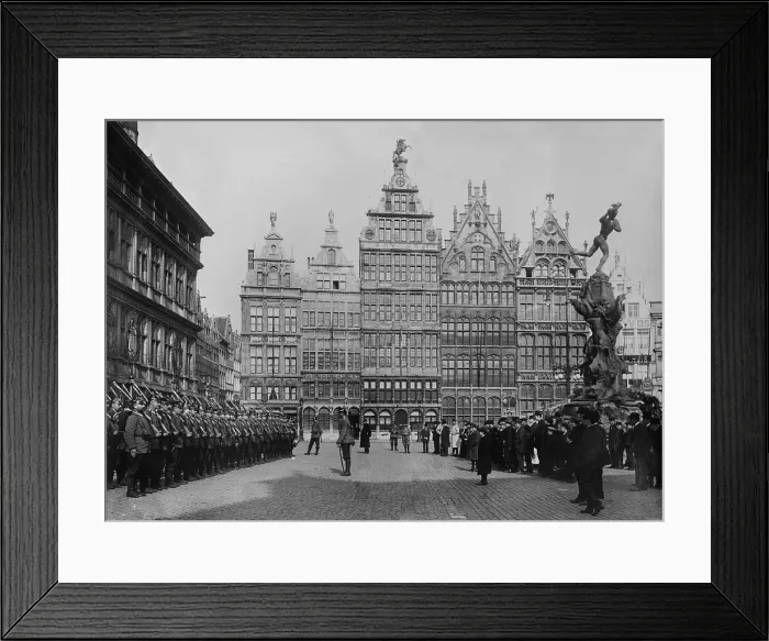 Framed Print : World War 1. German Landsturm (militia) troops, in occupied Antwerp. They are in front of the City Hall, with the Flemish renaissance style Guild Houses in the background. 1914-15
