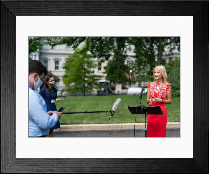 Framed Print : Kellyanne Conway, political advisor to President Donald Trump, speaks with reporters on Wednesday, Aug. 12, 2020