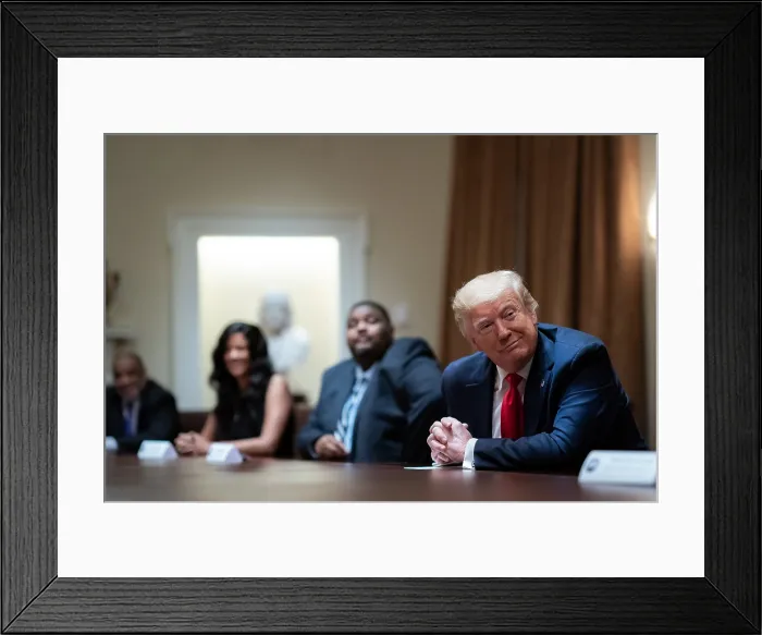 Framed Print : President Donald Trump listens to African American supporters during a White House meeting on race relations, who unanimously praised the President Framed Print : President Donald Trump listens to African American supporters during a White House meeting on race relations, who unanimously praised the President