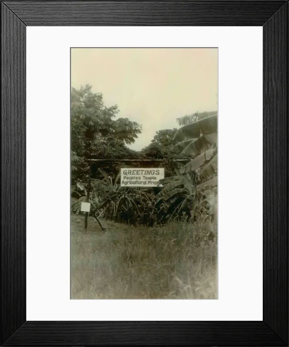 Framed Print : Sign at the entrance of People's Temple Agricultural Project. Jonestown, Guyana. Nov. 1978