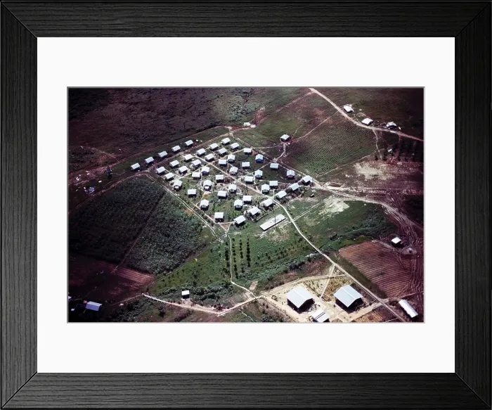 Framed Print : Aerial photo of Jonestown, Guyana. FBI photo taken during the investigation of the People's Temple mass suicide. Nov. 1978