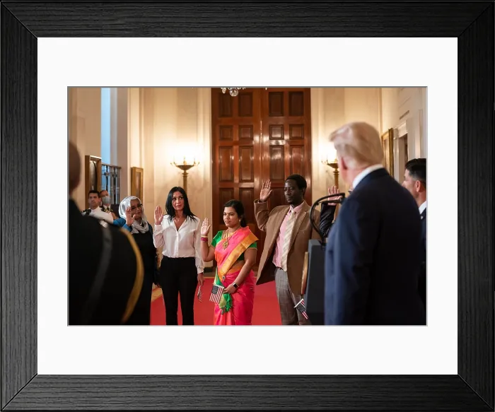 Framed Print : President Donald Trump presides at a White House naturalization ceremony, as Acting Secretary of Homeland Security, Chad Wolf, administers the citizenship oath, August 25, 2020