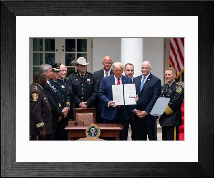 Framed Print : President Donald Trump signs an executive order, Safe Policing for Safe Communities, June 16, 2020. It recommended guidelines to prohibit police use of chokeholds (BSLOC_2020_5_4)