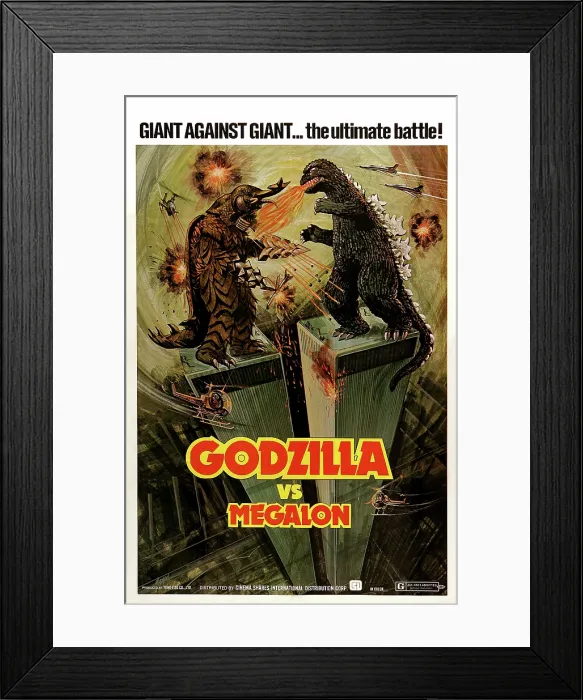 Framed Print : GODZILLA VS. MEGALON, (aka GOJIRA TAI MEGARO), l-r: Megalon, Godzilla on poster art, 1973