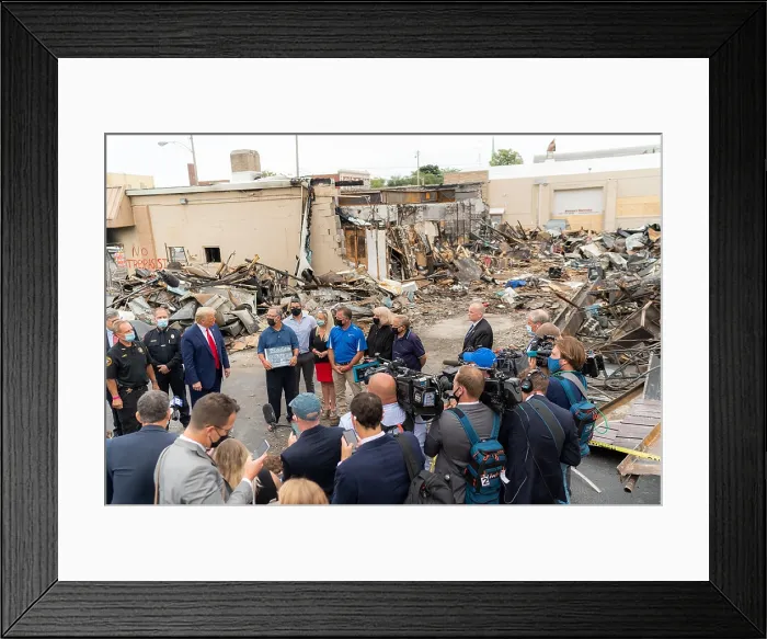 Framed Print : President Donald Trump with John Rode, former owner of the Rodes Camera Shop, which was destroyed in rioting on Aug. 31, 2020, in Kenosha, WI Framed Print : President Donald Trump with John Rode, former owner of the Rodes Camera Shop, which was destroyed in rioting on Aug. 31, 2020, in Kenosha, WI
