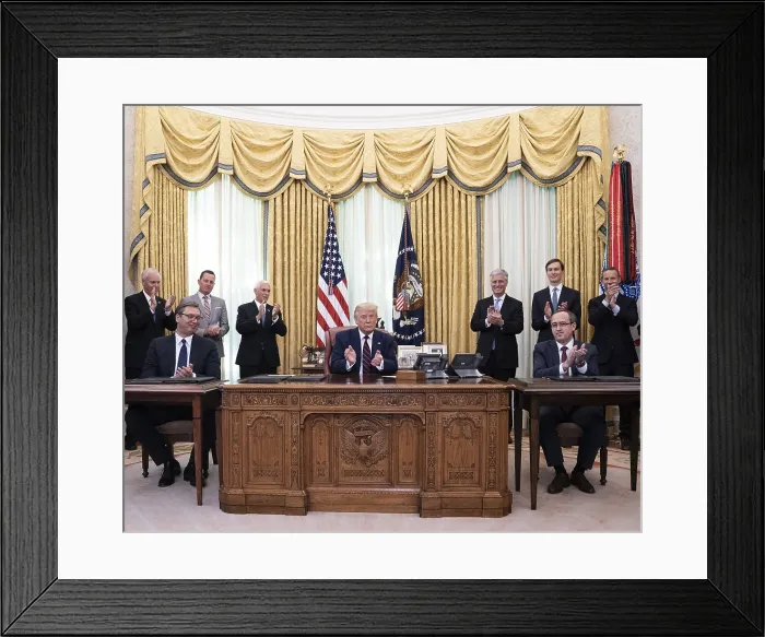 Framed Print : President Donald Trump leads applause after signing of a US-brokered, economic normalization agreement between historical enemies, Serbia and Kosovo