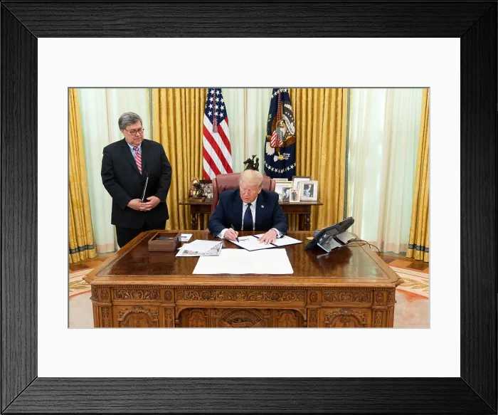 Framed Print : Attorney General William Barr looks on as President Donald Trump signs an executive order, Preventing Online Censorship, May 28, 2020 Framed Print : Attorney General William Barr looks on as President Donald Trump signs an executive order, Preventing Online Censorship, May 28, 2020