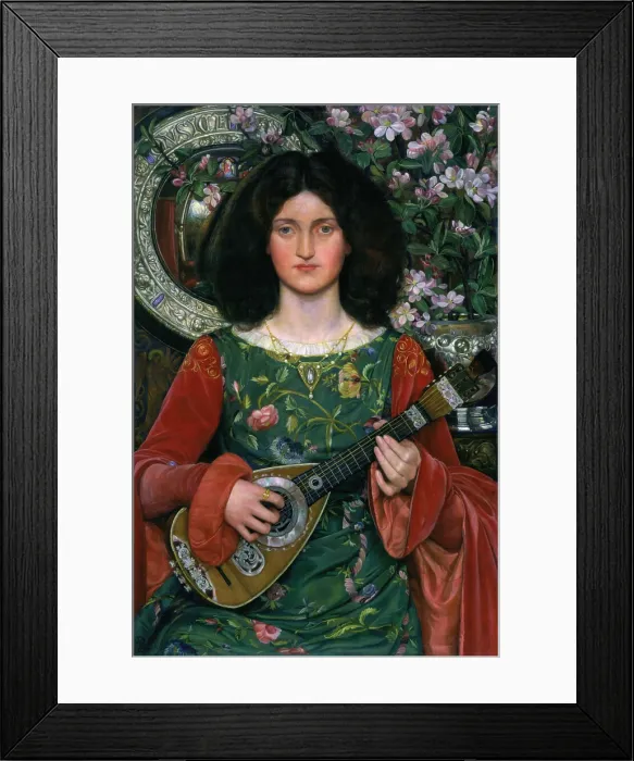 Framed Print : Musica (Melody), 1897, by Kate Elizabeth Bunce, English, British, painting, oil on canvas. Portrait of a young woman playing a mandolin decorated with pierced relief silver