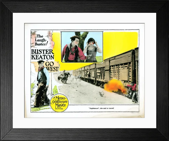 Framed Print : GO WEST, lobbycard, Buster Keaton (far left, and top left), Kathleen Myers (top right), 1925
