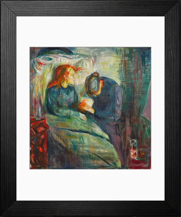 Framed Print : Sick Child, 1925, by Edvard Munch, 1863-1944, Norwegian Expressionist painting, oil on canvas. A distressed mother with her head down, holds a sick childs hand t her bedside