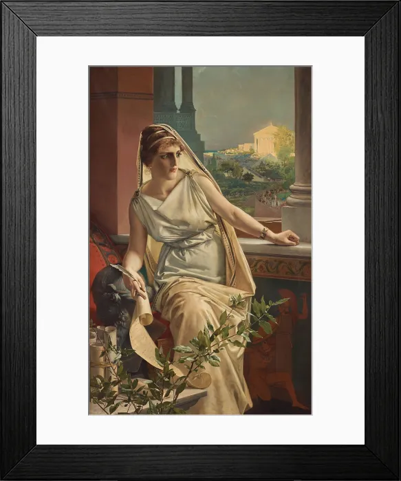 Framed Print : Hypatia, 1889, by Julius Kronberg, 1850-1921, Norwegian painting, oil on canvas. Posed leaning away from the window, Hapathia holds a quill and a scroll
