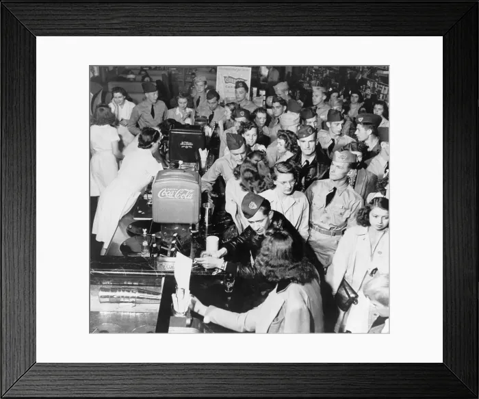 Framed Print : Soldiers on leave with young women in a crowded soda fountain. In Minnesota, during World War 2. Ca. 1942-45. (BSLOC_2013_14_218)