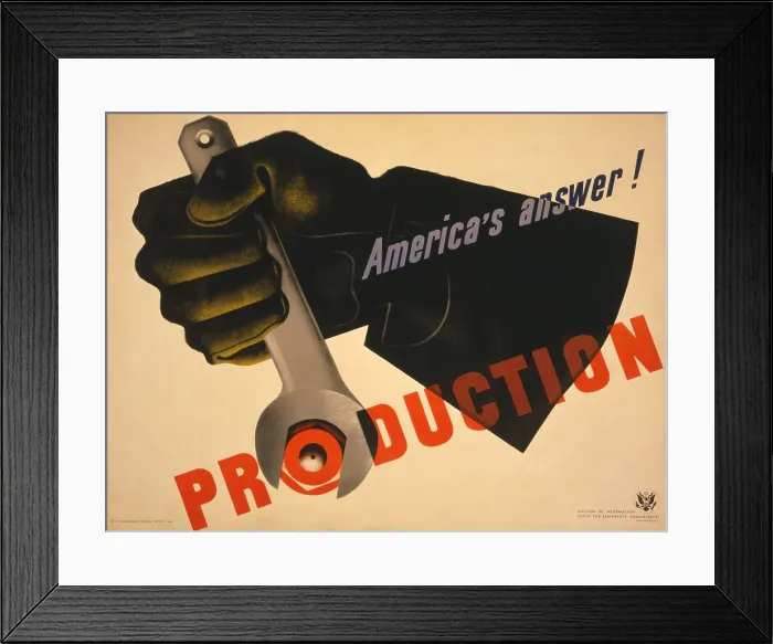 Framed Print : Production, America's answer! American World War 2 poster by French Graphic artist, Jean Carlu, 1941. (BSLOC_2013_14_215) Framed Print : Production, America's answer! American World War 2 poster by French Graphic artist, Jean Carlu, 1941. (BSLOC_2013_14_215)