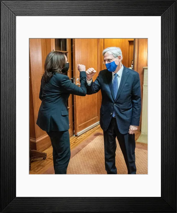 Framed Print : Vice President Kamala Harris and Merrick Garland greet each other with a fist bump, prior to his swearing-in ceremony as Attorney General (BSLOC_2021_8_18) Framed Print : Vice President Kamala Harris and Merrick Garland greet each other with a fist bump, prior to his swearing-in ceremony as Attorney General (BSLOC_2021_8_18)