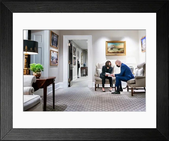 Framed Print : President Joe Biden and Vice President Kamala Harris discuss notes after a COVID-19 pandemic meeting, March 29, 2021 (BSLOC_2021_8_19) Framed Print : President Joe Biden and Vice President Kamala Harris discuss notes after a COVID-19 pandemic meeting, March 29, 2021 (BSLOC_2021_8_19)