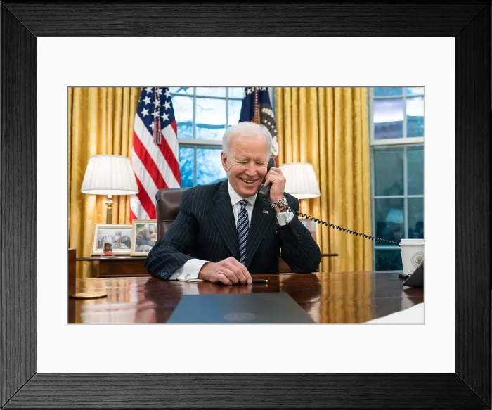 Framed Print : President Joe Biden talks on the phone with Katherine Tai, congratulating her on her confirmation as US Trade Representative (BSLOC_2021_8_2)