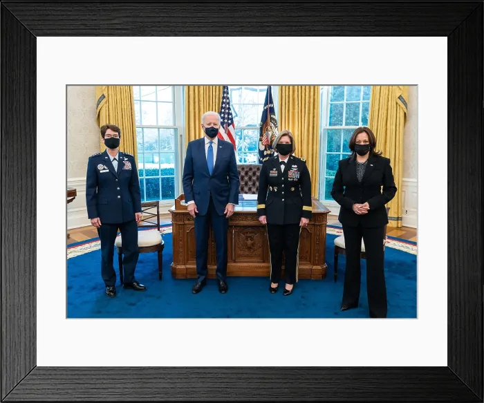 Framed Print : Combatant Commander nominees US Air Force Gen. Jacqueline Van Ovost and US Army Lt. Gen. Laura Richardson pose with President Joe Biden and VP Kamala Harris, March 8, 2021 Framed Print : Combatant Commander nominees US Air Force Gen. Jacqueline Van Ovost and US Army Lt. Gen. Laura Richardson pose with President Joe Biden and VP Kamala Harris, March 8, 2021