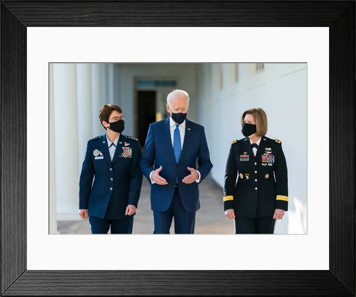Framed Print : President Joe Biden walks Combatant Commander nominees, US Air Force Gen. Jacqueline Van Ovost and U.S. Army Lt. Gen. Laura Richardson, March 8, 2021 (BSLOC_2021_8_21) Framed Print : President Joe Biden walks Combatant Commander nominees, US Air Force Gen. Jacqueline Van Ovost and U.S. Army Lt. Gen. Laura Richardson, March 8, 2021 (BSLOC_2021_8_21)