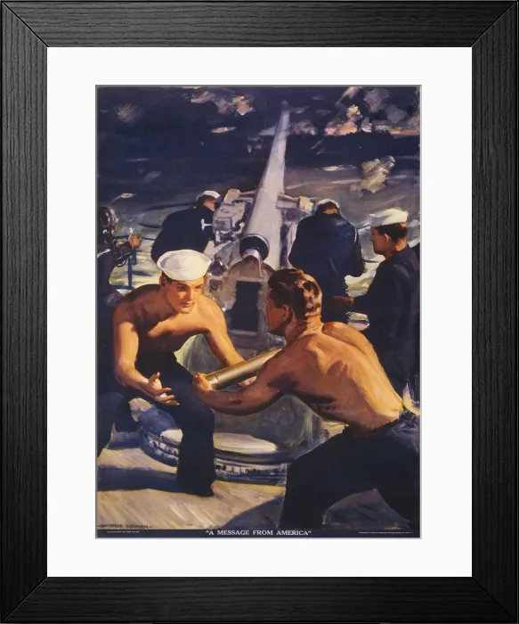 Framed Print : A Message from America by Hayden Hayden (aka Howard Crosby Renwick). World War 2 lithograph poster showing sailors loading ammunition into a cannon. Ca. 1941-45 Framed Print : A Message from America by Hayden Hayden (aka Howard Crosby Renwick). World War 2 lithograph poster showing sailors loading ammunition into a cannon. Ca. 1941-45