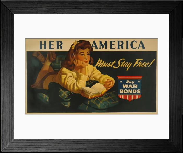 Framed Print : American World War 2 poster. Her America must stay free! Buy war bonds, reads a poster showing a daydreaming teenage girl about to write in her diary. Ca. 1943 Framed Print : American World War 2 poster. Her America must stay free! Buy war bonds, reads a poster showing a daydreaming teenage girl about to write in her diary. Ca. 1943