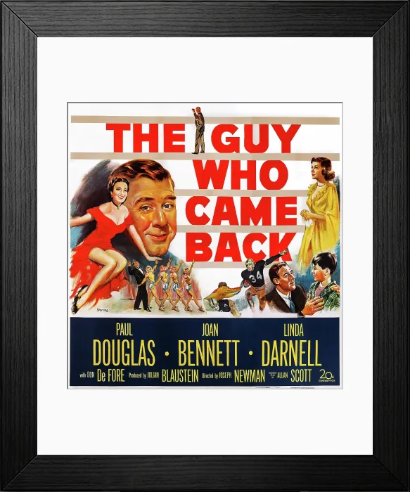 Framed Print : THE GUY WHO CAME BACK, US poster art, Paul Douglas (second left and second right), Linda Darnell (left), Joan Bennett (top right), Billy Gray (bottom right), 1951