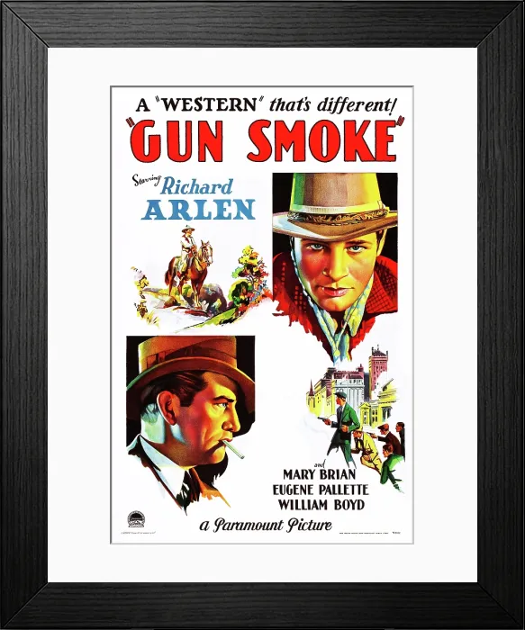 Framed Print : GUN SMOKE, from top: Richard Arlen, William Boyd on poster art, 1931 Framed Print : GUN SMOKE, from top: Richard Arlen, William Boyd on poster art, 1931