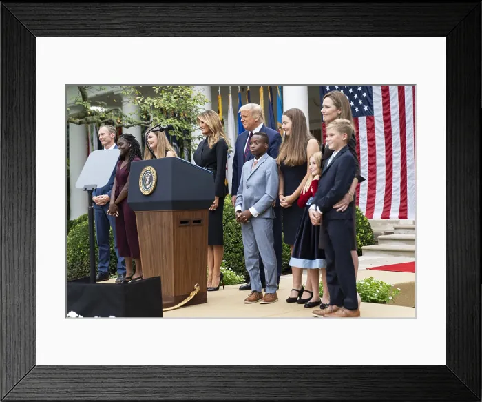 Framed Print : US Supreme Court nominee, Judge Amy Coney Barrett, on stage with President Trump, her husband, and 6 of their 7 children, Sept. 26, 2020