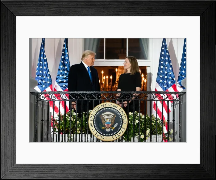 Framed Print : President Donald Trump, and Associate Justice Amy Coney Barrett, stand together on the South Portico after Justice Barretts swearing in ceremony, Oct. 26, 2020 (BSLOC_2020_9_21) Framed Print : President Donald Trump, and Associate Justice Amy Coney Barrett, stand together on the South Portico after Justice Barretts swearing in ceremony, Oct. 26, 2020 (BSLOC_2020_9_21)