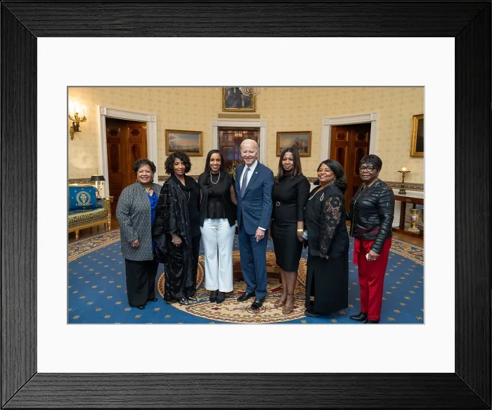Framed Print : President Joe Biden greets members of Emmett Till's family before a screening of the movie Till, Feb. 16, 2023, in the White House Blue Room