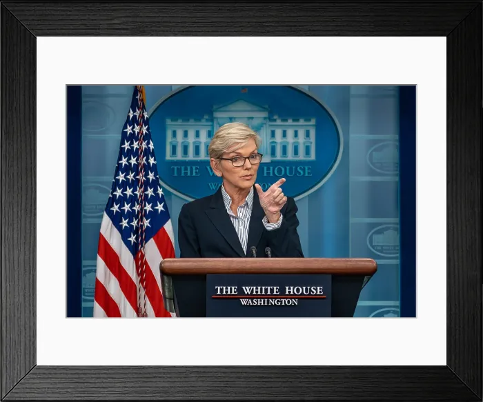 Framed Print : Secretary of Energy Jennifer Granholm holds a press conference on Jan. 23, 2023, to address energy costs effecting US families and businesses