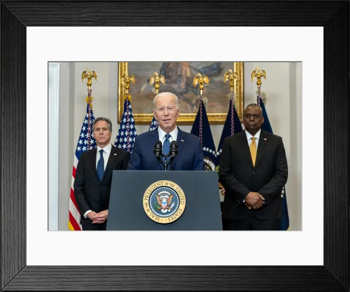 Framed Print : President Joe Biden, joined by Sec. of State Antony Blinken and Defense Sec. Lloyd Austin, speaks for continued support of Ukraine, Jan