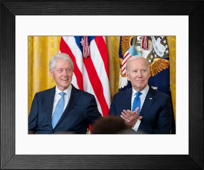 Framed Print : President Joe Biden and former President Bill Clinton celebrate the 30th anniversary of the Family and Medical Leave Act, Feb. 2, 2023