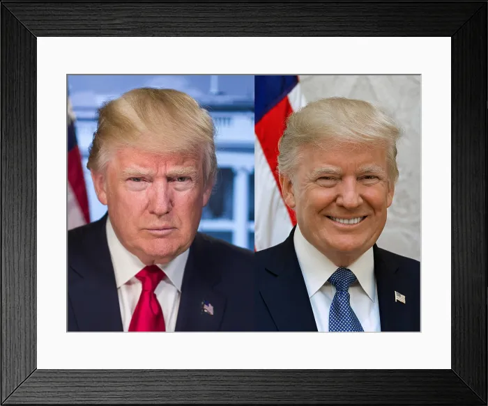Framed Print : Contrasting portraits of President Donald Trump used by the White House in 2017. Image on left was taken in Dec Framed Print : Contrasting portraits of President Donald Trump used by the White House in 2017. Image on left was taken in Dec