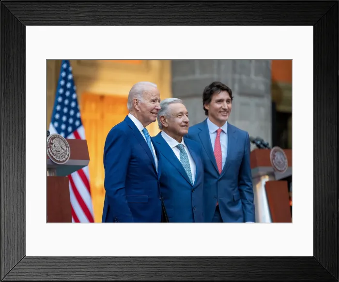 Framed Print : President Joe Biden poses for a photo with Mexican President Andres Manuel Lopez Obrador and Canadian Prime Minister Justin Trudeau at the 10th North American Leaders Summit