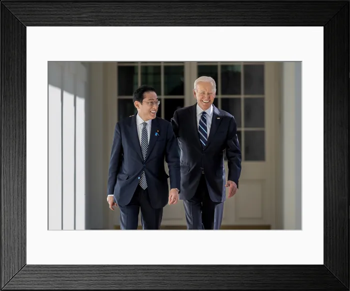 Framed Print : President Joe Biden walks along the West Colonnade with Japanese Prime Minister Fumio Kishida, Jan. 13, 2023
