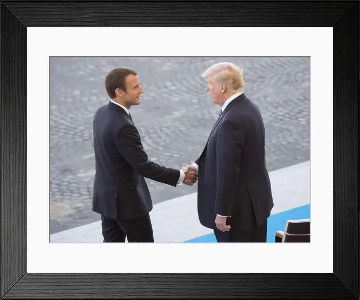 Framed Print : French President Emmanuel Macron welcomes President Donald Trump to the Bastille Day parade in Paris. July 14, 2017 (BSLOC_2017_18_163)