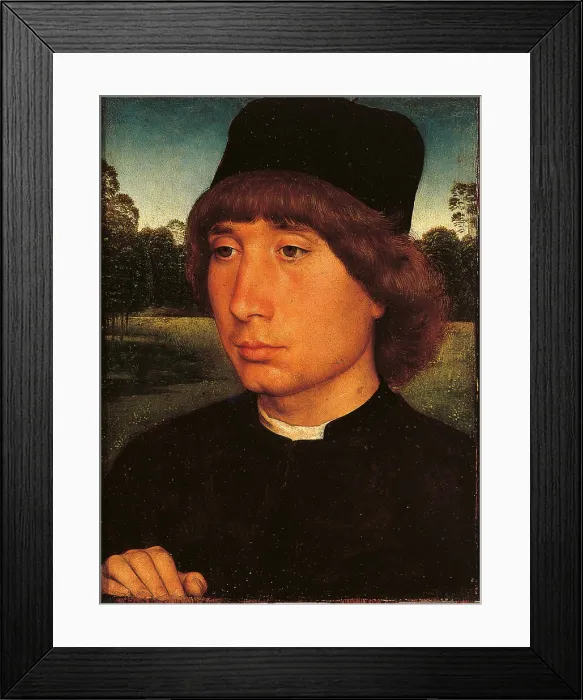 Framed Print : Portrait of a Young Man before a Landscape, by Hans Memling, 1480 about, 15th Century, panel, cm 26 x 20 - Italy, Veneto, Venice, Accademia Art Galleries. All