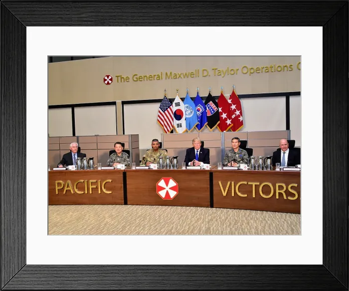 Framed Print : President Donald Trump at a military briefing by US and Republic of Korea military in South Korea. Nov. 7, 2017. L-R: Rex Tillerson, Sec. of State; Gen. Byung Joos; Gen
