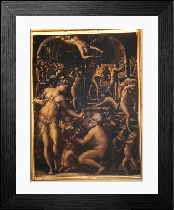 Framed Print : The Forge of Vulcan, by Giorgio Vasari, 1564 about, 16th Century, oil on copper, cm 38 x 28 - Italy, Tuscany, Florence, Uffizi Gallery. In the Gallery collections since 1948. All