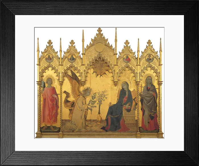 Framed Print : Annunciation, by Simone Martini, Lippo Memmi, 1333, 14th Century, tempera on panel, cm 265 x 305 - Italy, Tuscany, Florence, Uffizi Gallery. In the Gallery collections since 1799 Framed Print : Annunciation, by Simone Martini, Lippo Memmi, 1333, 14th Century, tempera on panel, cm 265 x 305 - Italy, Tuscany, Florence, Uffizi Gallery. In the Gallery collections since 1799