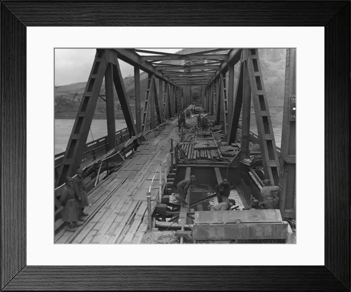 Framed Print : U.S. First Army at Remagen Bridge before four hours before it collapsed into the Rhine River. The sudden collapse killed eighteen U.S