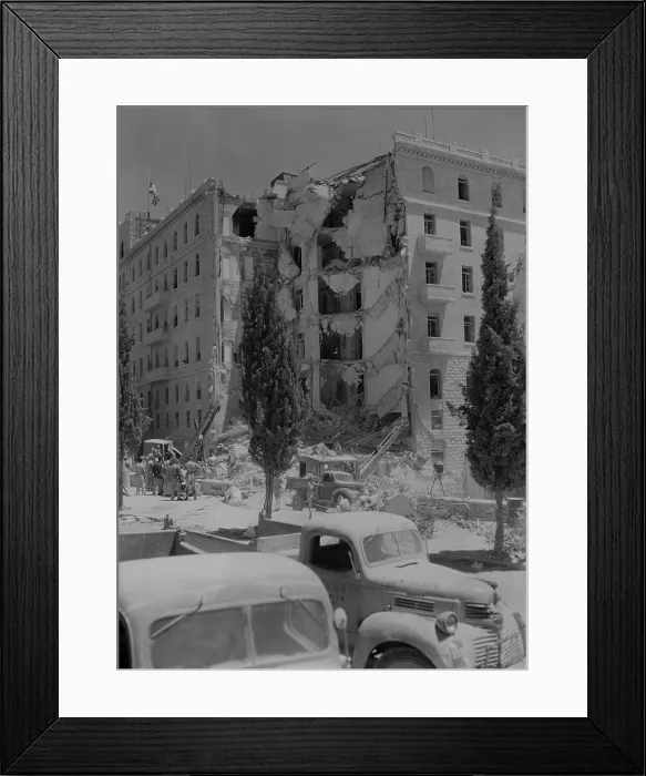 Framed Print : Damage to the King David Hotel by 350 kg bomb planted by the militant Zionist organization, the Irgun. 91 people died, of which only 13 were the targeted British soldiers