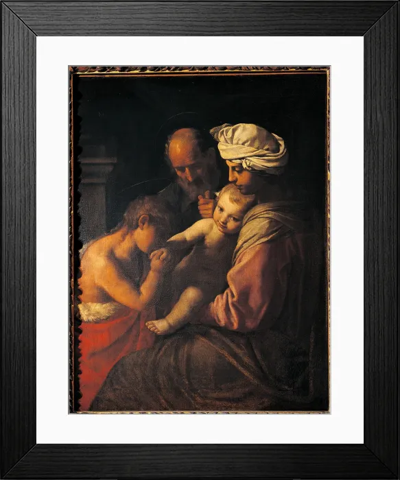 Framed Print : Holy Family with St John, by Simone Cantarini known as il Pesarese, workshop of Simone Cantarini known as Pesarese, 1600 - 1650, 17th Century, oil on canvas, cm 96 x 74 - Italy